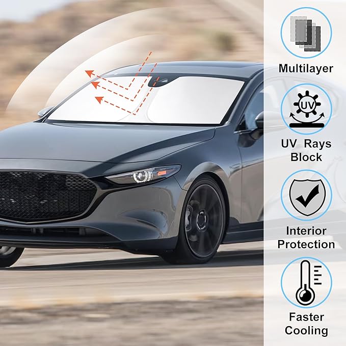 Windshield Sun Shade Fit for 2019-2024 2025 2026 Mazda 3 Accessories Mazda3 Hatchback/Sedan Window Shade Cover Foldable Sunshade Shield Blocker Keeps Cool