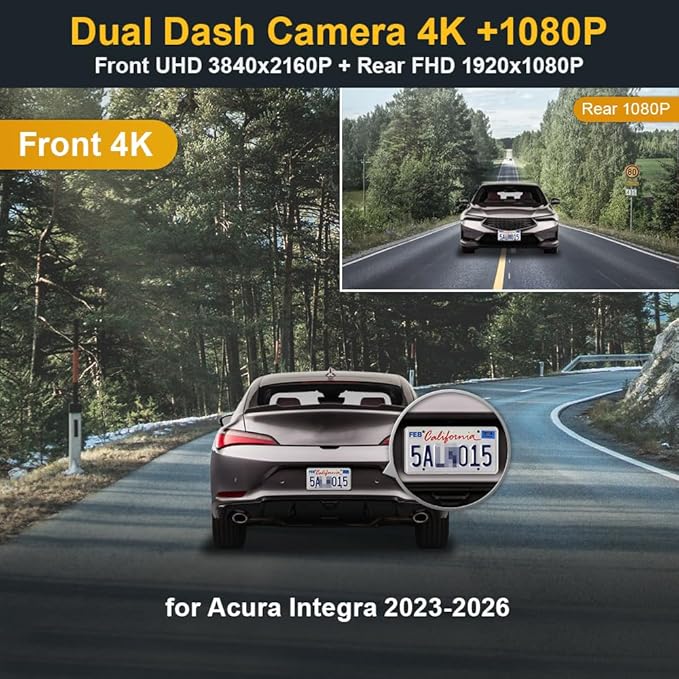Fitcamx Front 4K+Rear 1080P Dash Cam Adapts for Acura Integra Type S 2023-2026 (Grey Cover), Integrated OEM Style, 2 Way HD Video, WiFi & APP, Loop Recording, G-Sensor, Easy to Use, 128GB Card