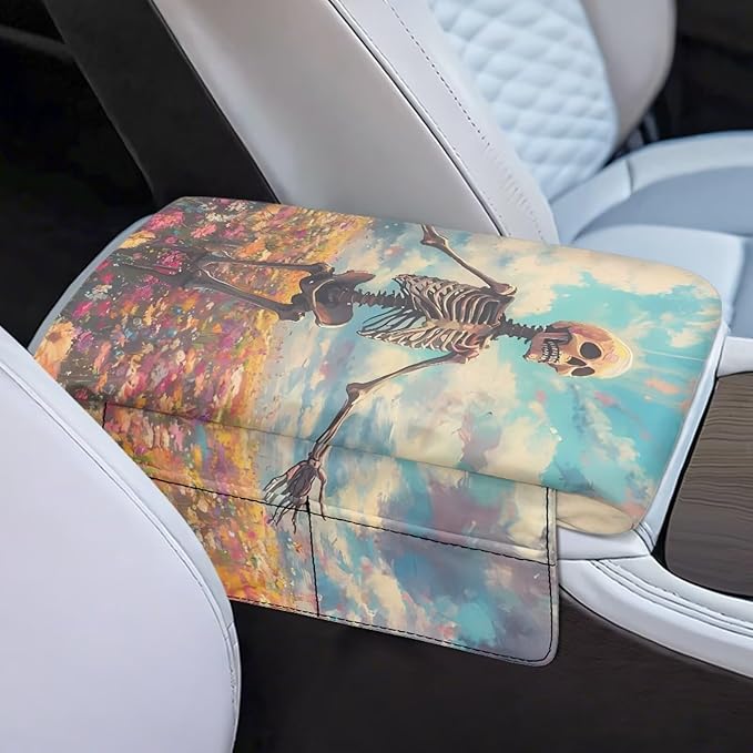 Armrest Cover Pad for Car, Car Center Console Pad with 4 Storage Bag, Skull Floral Universal Car Decor Accessories Fit for Most Cars, Vehicles, SUVs