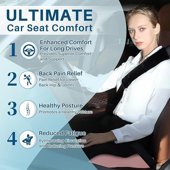 Memory Foam Car Seat Cushion for Driving, Sciatica Pain Relief, Wedge Truck Seat Cushion for Long Sitting, Adult Booster Cushion for Car, Truck, Desk, or Wheelchair (Pink)
