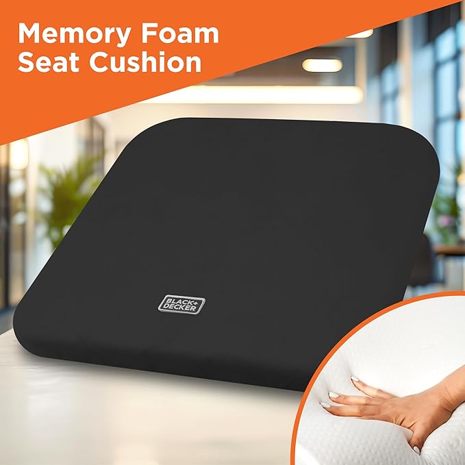 BLACK+DECKER Car Seat Cushion with Memory Foam – Ice Silk Portable Driver & Car Seat Pad for Pain Relief – Non-Slip Back, Washable Cover – Office Chair, Wheelchair, Travel Use, Black