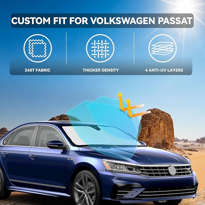 for Volkswagen Passat 2012-2022 Windshield Sun Shade - 4 Layers Car Sunshades for Front Windows Shade Cover Custom Fit for Passat Sun Visor 250T Retractable Shade Blocks UV Rays Car Accessories