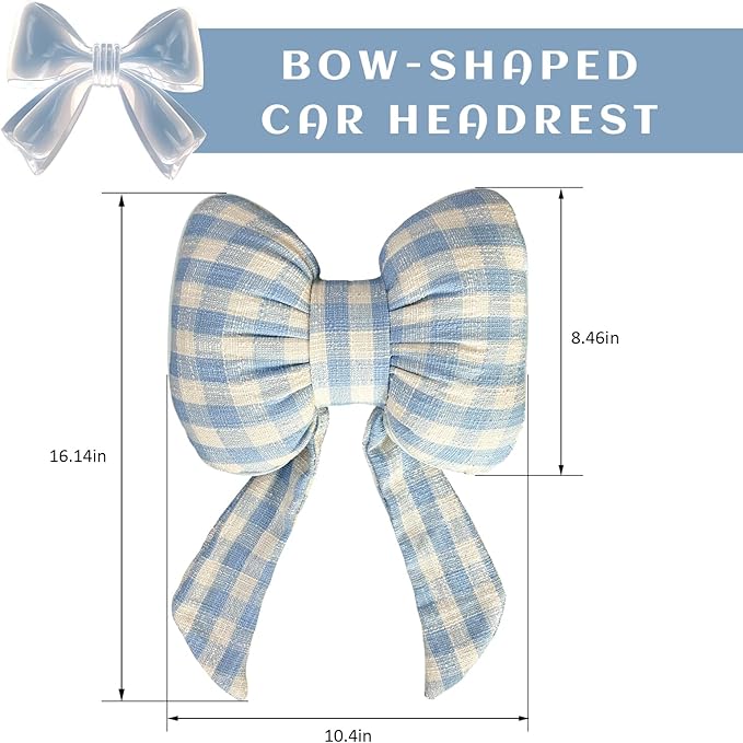 Sun Walker Bow Car Headrest Pillow, Breathable Bow-Shaped Vehicle Neck Pillow with Adjustable Strap, Ergonomic Neck Support Cushion Driving Seat Decoration for Women Girls (Blue & White)