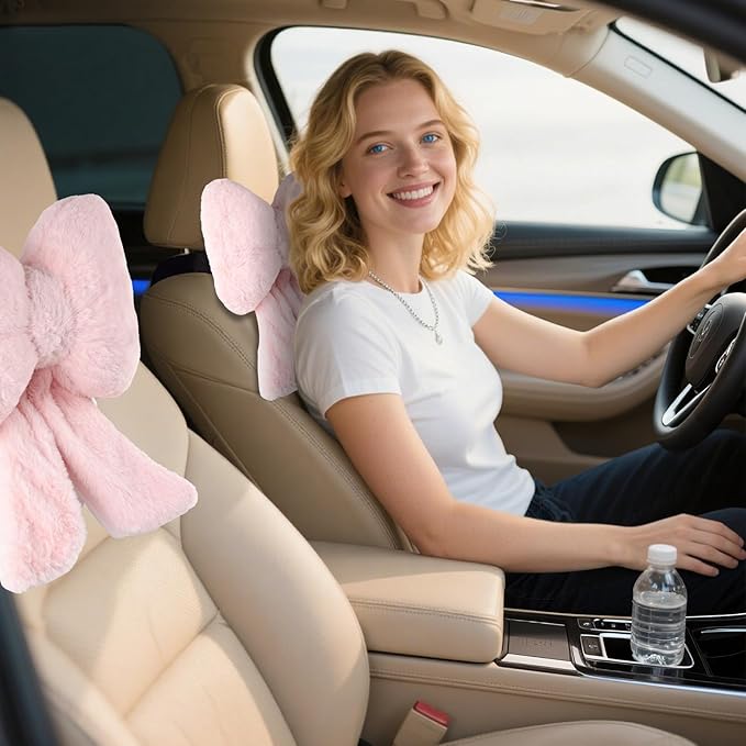 2 Pack Bow Car Headrest Pillows Plush Neck Pillows for Travel Driving Office Chair Head Support Cushions, Also Cute Car Decor Accessories for Women (Pink)
