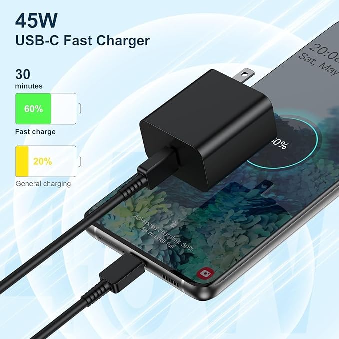 45W Type C Super Fast Charger Block and 10ft Android Phone Charger Cable Cord Long, USB C Wall Charging Plug for Samsung Galaxy S26 Ultra/S25/S24/S23+/S22 Plus/S21/S20/Note 20/iPhone 17 16 15 Pro Max