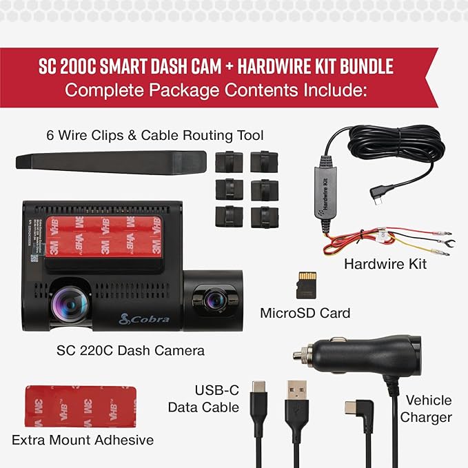 Cobra SC 220C Smart Dash Cam + Cobra 2.5A Micro USB Adapter Hardwire Kit
