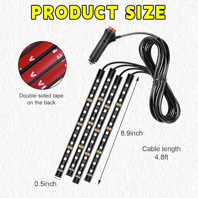 Car LED Strip Light, 48 LEDs RGB Neon Interior Atmosphere Lights, 12V Under Dash Ambient Night Light, Cigarette Lighter Auto Interior Decorative Lamp, Car Accessories (Orange-Yellow)