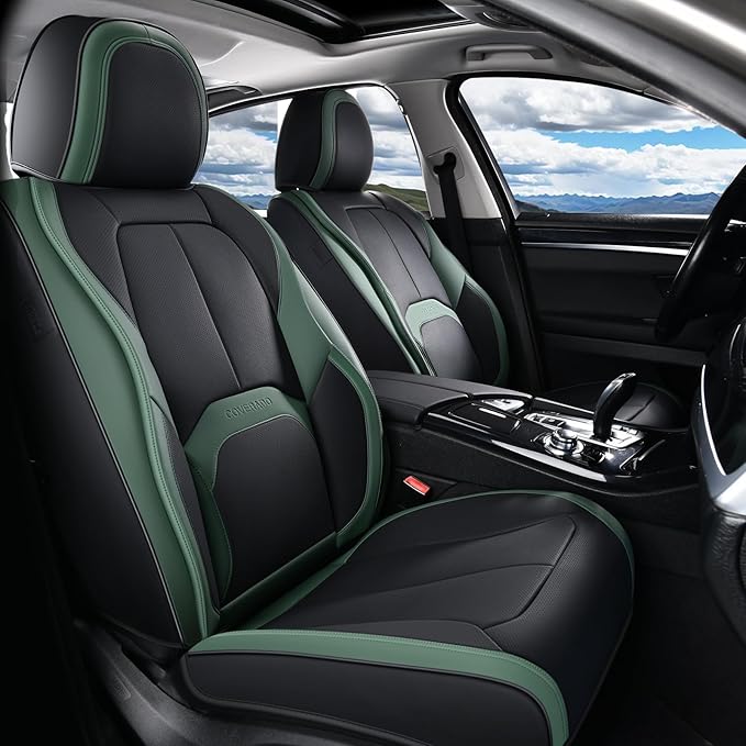 Coverado Automotive Seat Covers Front Seats, Leather Seat Covers 2 Pack, Black Green Car Seat Cover, Waterproof Car Seat Protector with Lumbar Support, Front Seat Covers Universal Fit for Most Cars