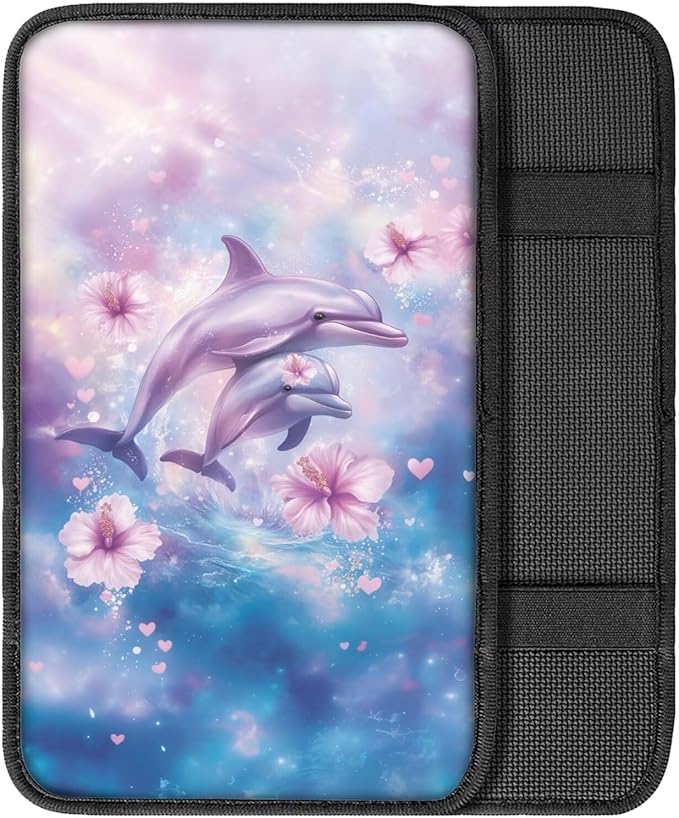Suobstales Dolphin Hibiscus Print Car Armrest Pad Soft Center Console Arm Rest Protector Cover Universal Car Interior Accessories Decoration