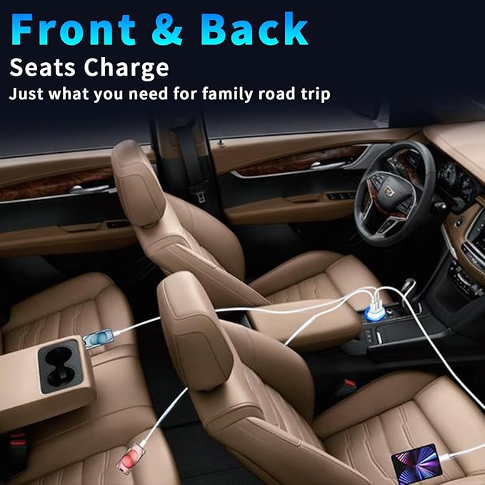 105W USB Car Charger 3-Port for Family Travel, PD 45W & QC3.0 30W Super Fast Charging for Multiple Devices, Cigarette Lighter with MFi Certified Carplay Cable Fast Charger for iPhone iPad