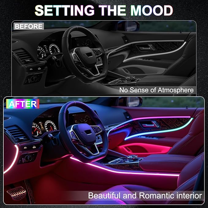 Dreamcolor Acrylic Interior Car LED Strip Lights, 6 in 1 Ambient Lighting Kit with Wireless APP, Dynamic Chasing Music Sync Fiber Optic Lights with DIY Mode, Car Inside Lighting Accessories