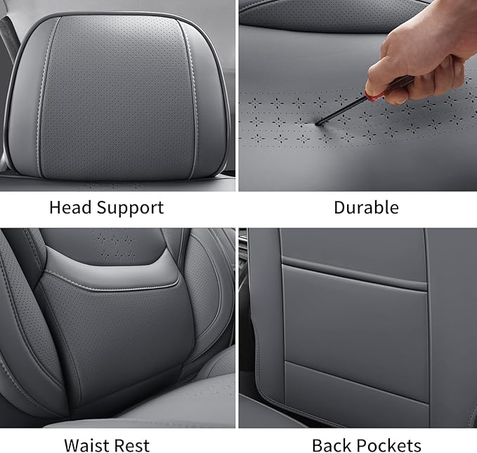 Chezope Car Seat Covers Full Set, Grey Leather Seat Covers, Breathable Front and Back Car Seat Protectors, Wear-Resistant Seat Covers Universal Fit for Most Cars SUV Truck (Grey-Solid, Full Set)