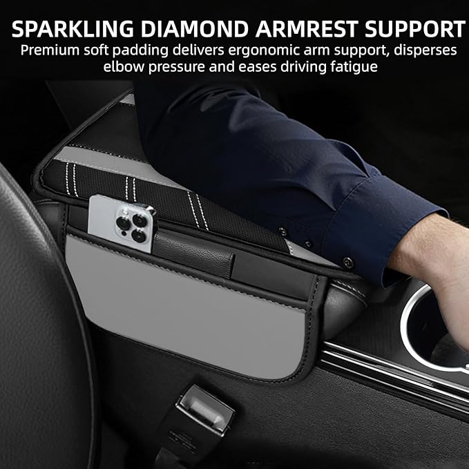 NBTEPEM Gray Center Console Cover, Sporty Leather Armrest Cover Cushion with 2 Storage Pockets, Universal Auto Middle Console Protector, Car Interior Accessories for Most SUV, Truck, Sedan Vehicles