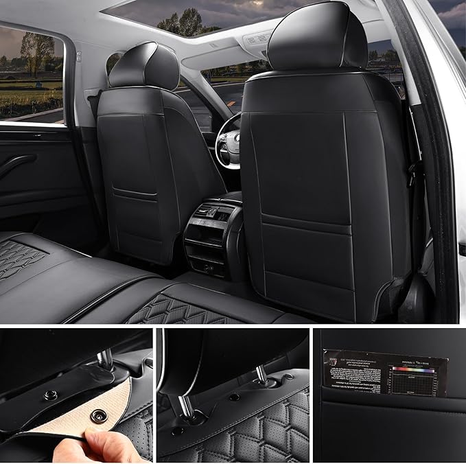 Car Seat Covers Front Seats, Luxury Faux Leather Car Seat Covers Waterproof Non-Slip Seat Protector Universal Fit for Most Cars SUVs Trucks Pick-ups, Black Car Accessories Interior