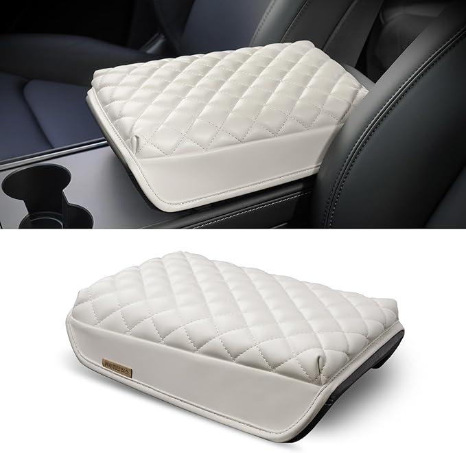 KMMOTORS Fits Model y, Model 3 (2021-2024) Center Console Cover Quilting White, Armrest Cushion, Console Protector, Vegan Leather, Model 3 Accessories, Model y Accessories (Creamy White)