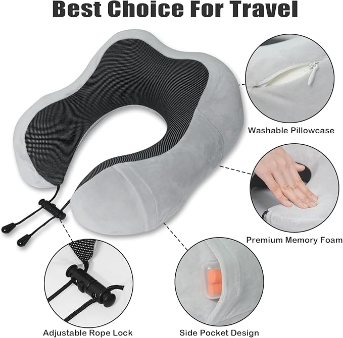Travel Pillow, Memory Foam Neck Pillow for Traveling, U Shape Neck Pillow Airplane Portable Flight Pillow Travel Kit with 3D Contoured Eye Masks and Earplug for Plane Train Car Home Office - Grey