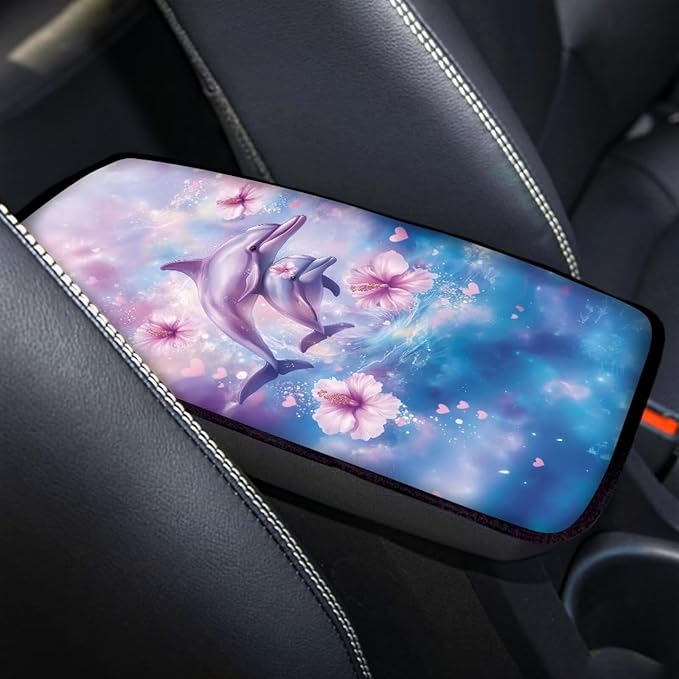 Suobstales Dolphin Hibiscus Print Car Armrest Pad Soft Center Console Arm Rest Protector Cover Universal Car Interior Accessories Decoration