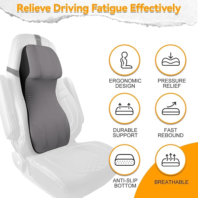 Lumbar Support Pillow for Car with Headrest, Memory Foam Integrated Lumbar Support Cushion for Neck and Back, Fits for Semi Truck Motorhome Van Pickup, Gray