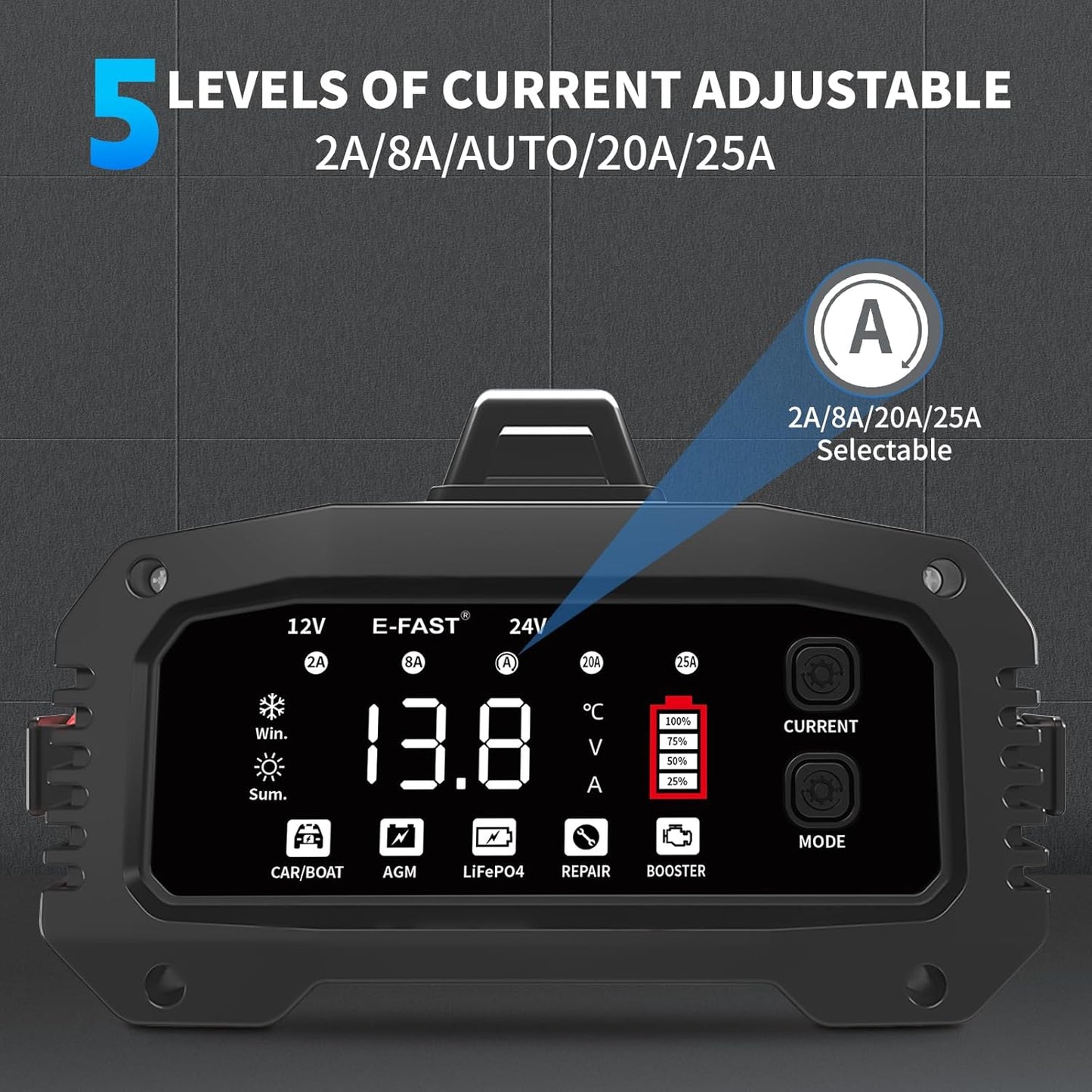 E-FAST 25A Battery Charger, 12/24V All in One Lifepo4 Lead Acid Car Battery Charger, Automotive Jump Starter, Upgraded Trickle Charger, Battery Maintainer for Car Truck Motorcycle Lawn Mower Boat