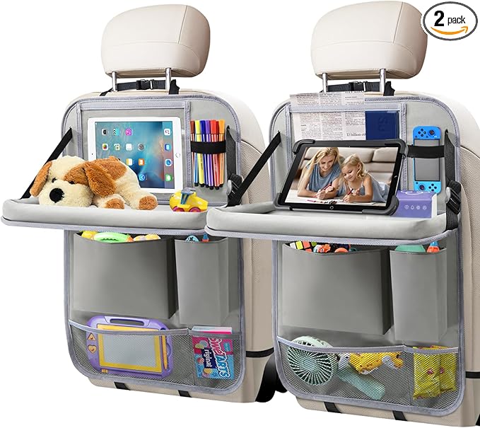 Car Backseat Organizer with Tablet Holder, 6 Storage Pockets Foldable Table Food Tray Seat Back Protectors Kick Mats Travel Accessories, 2 Pack Grey