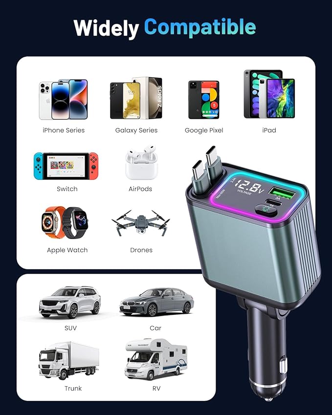 [2 Pack] 4 in 1 Retractable Car Charger with RGB Light, 92W Fast Charging Dual USB C Car Adapter, Compact Car Phone Charger for iPhone/Galaxy/Pixel, Road Trip Essentials (Dual Type C Cable)