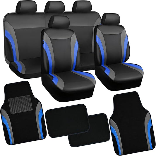 CAR PASS Leather Car Seat Covers Full Set with Waterproof Car Floor Mats,Airbag Compatible,Automotive Interior Covers for Cars,Sedans,Trucks,Vans,SUV with Car Carpet Mats(Black and Blue)