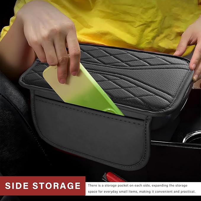Car Center Console Cover, Leather Auto Armrest Cushion Pad with Two Storage Pockets, Waterproof Arm Rest Box Mat Protective Cover for Sedan SUV Truck, Car Accessories (Black)