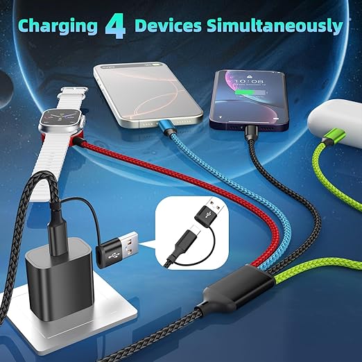Travel Essentials 4 in 2 Multi Charging Cable for iWatch Charger, USB A/USB C Charging Cords for iWatch Ultra/SE/11-2, iPhone 17-11, Galaxy S25-21, iPad (1PACK 5FT)