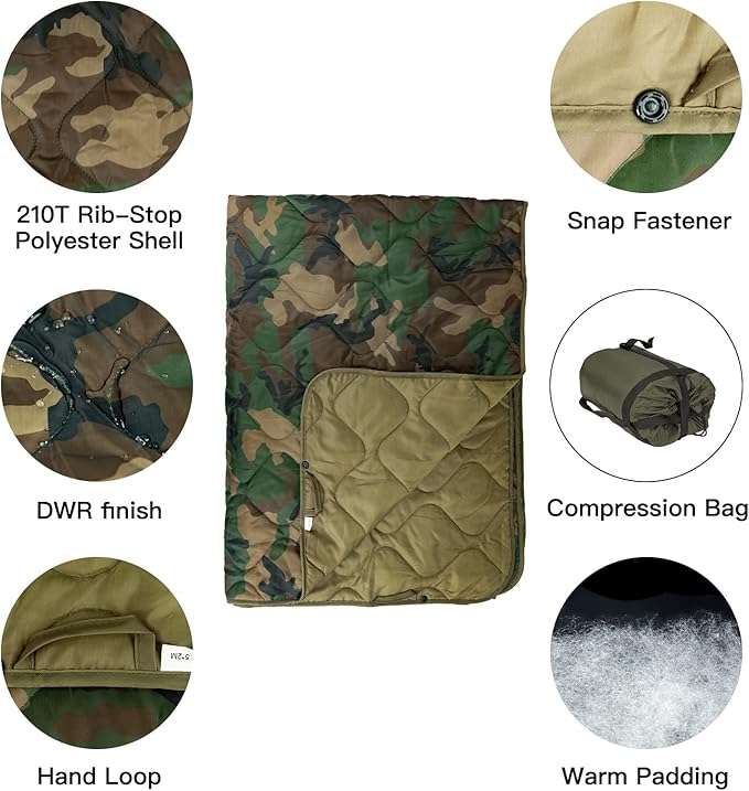 Military Poncho Liner 55”x 79” Camping Blanket Insulation Compact Waterproof for Travel Stadium Outdoor Camping