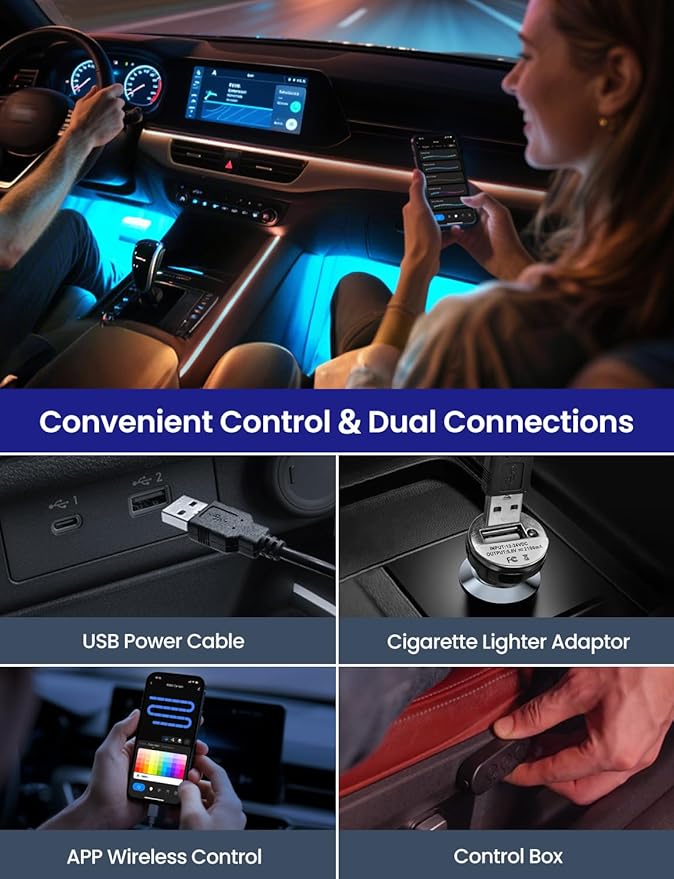 Car RGB LED Lights, Smart 48 LED Car Interior Light with APP Control, Under Dash Car Strip Lights, Music Mode, DIY Mode, 2 Lines Design Light with Charger, Ambient Lighting for Cars SUVs Trucks