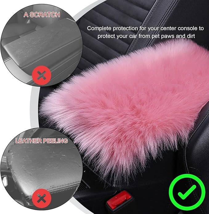 Center Console Cover, 11.81"×7.87" Automotive Fluffy Plush Center Armrest Protector, Universal Furry Comfortable Center Console Pad for Cars Trucks SUVs, Car Accessories (Pink)