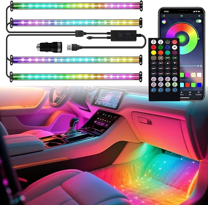 Dreamcolor RGB+IC 72 LED Interior Car Strip Lights with Smart APP Remote Control, Music Sync Under Dash Footwell Neon Internal Lighting Kit Multicolor,12V LED Strip Lights for Cars, Trucks, SUVs