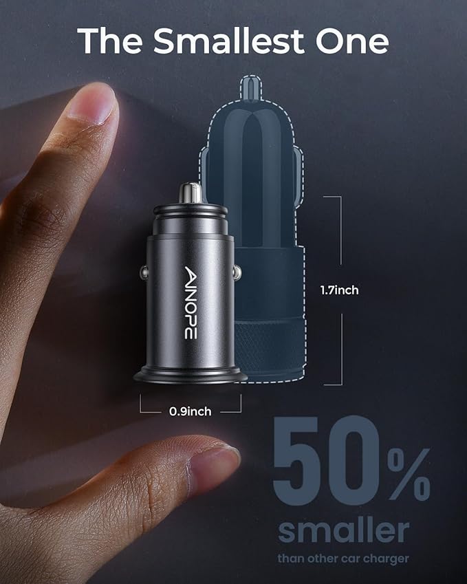 AINOPE Car Charger Adapter【Smallest Metal】 4.8A Cigarette Lighter USB Car Charger Adapter Dual Port 12V USB Outlet Flush Fit for iPhone 16 Pro Max/15/14 iPad Air Samsung Galaxy S25 S24 Ultra,Black