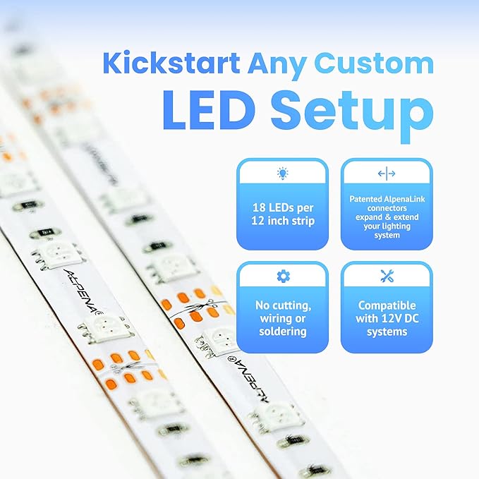 Alpena MAX LED Light Strip Starter Kit – EZ-Link Modular 12V Plug-and-Play Lighting for Cars & Trucks, Interior/Exterior Stick-On Light Bars, 2×12” Weatherproof Strips, Blue