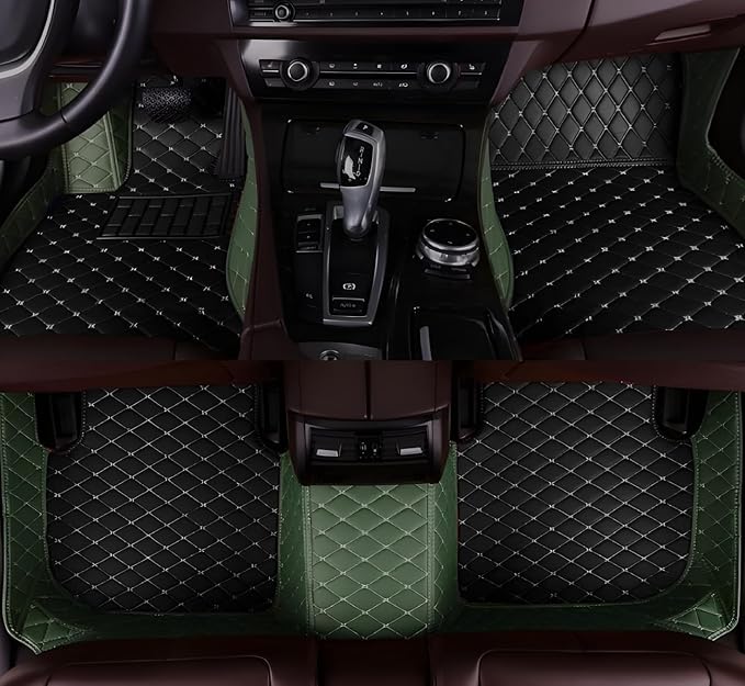 Customize Car Floor Mats for 99% Sedan SUV Sports Car All Weather Leather Full Coverage Waterproof Non-Slip Vehicle Lining Pads (Black Green Stitching)