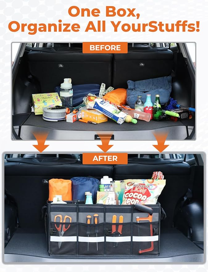 Oasser Car Trunk Organizer Collapsible Multi Compartments SUV Trunk Organizer with Reflective Strip Foldable Cover