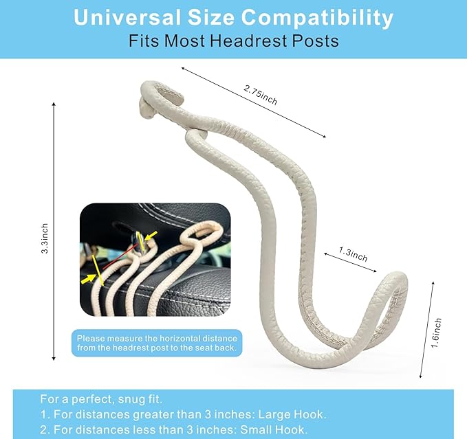 Car Seat Back Organizer Hooks 2 Pack - Space Saving Car Headrest Hangers with Anti-Drop Loop for Women Men, Universal Car Bag Holder for SUV Truck for Front and Back Seat Storage - Beige Leather/2S