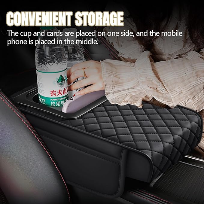 Hovom Car Center Console Cover, 13.39"×7.87"×2.76" Leather Armrest Cover for Cars, Memory Foam Armrest Pillow with Pocket, Cup Holder & Phone Slot, Universal Vehicle Arm Rest Cushion Pad (Black)