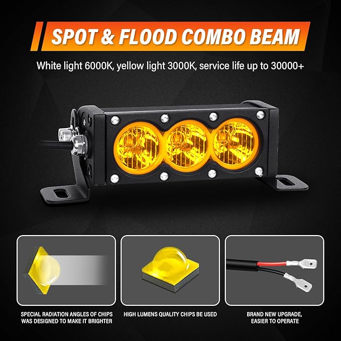 AUXTINGS 2 Pieces 6 inch Single Row Amber LED Light Bar 30W Off Road Light Bar Flood Beam LED Work Light Truck UTV 4x4 Cars SUVs ATVs Boats Fog Driving Light with Wiring Harness kit