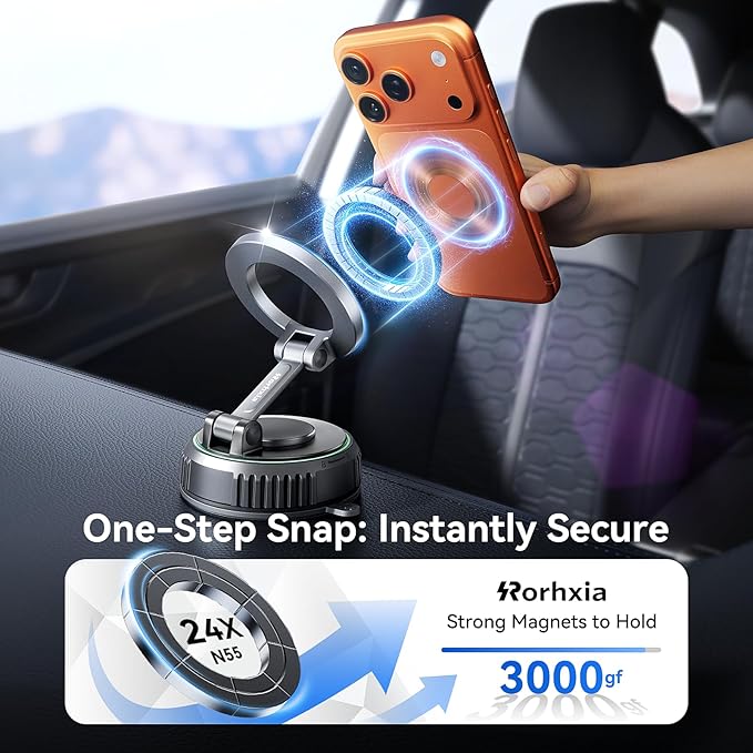 Rorhxia Car Phone Holder for Magsafe, [Enjoy Convenience, Flexibility, Stability], Foldable Vacuum Magnetic Phone Mount for Dashboard Windshield for Your Car Fit iPhone 17/16/15/14/13/12 Pro Max