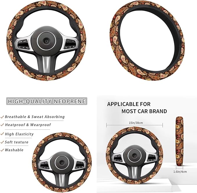 Bandanna Print 6pcs Car Steering Wheel Cover Set for Men Women Car Accessories Handbrake Cover Cup Coaster Auto Interiors Decor for Men Women 6pcs