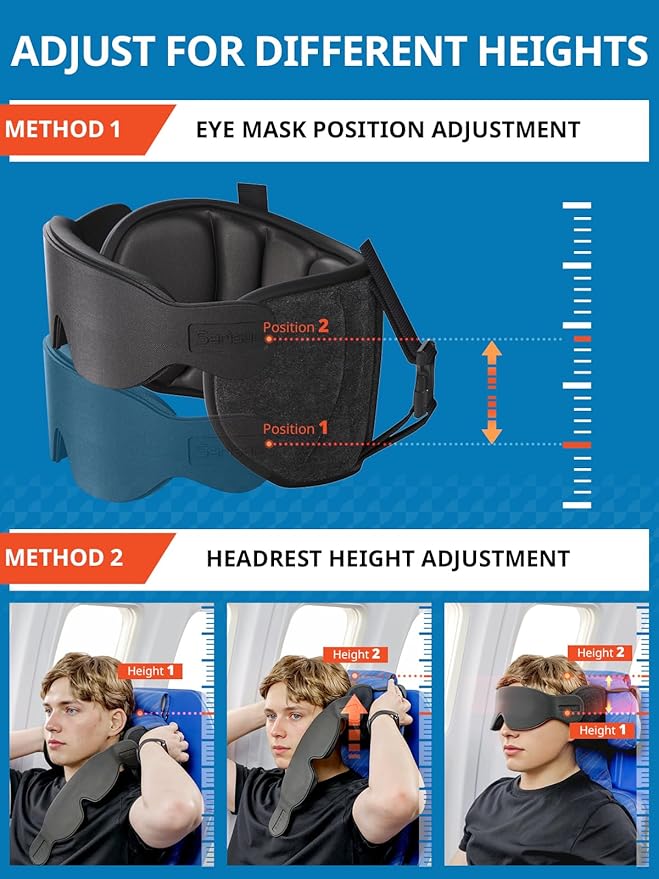 Travel Pillows for Airplanes, Airplane Pillow for Long Flight Car Road Trip, Airplane Head Strap with Sleep Eye Mask, 360° Support Headrest, Stop Bobblehead Travel Neck Pillow, Mottled Black