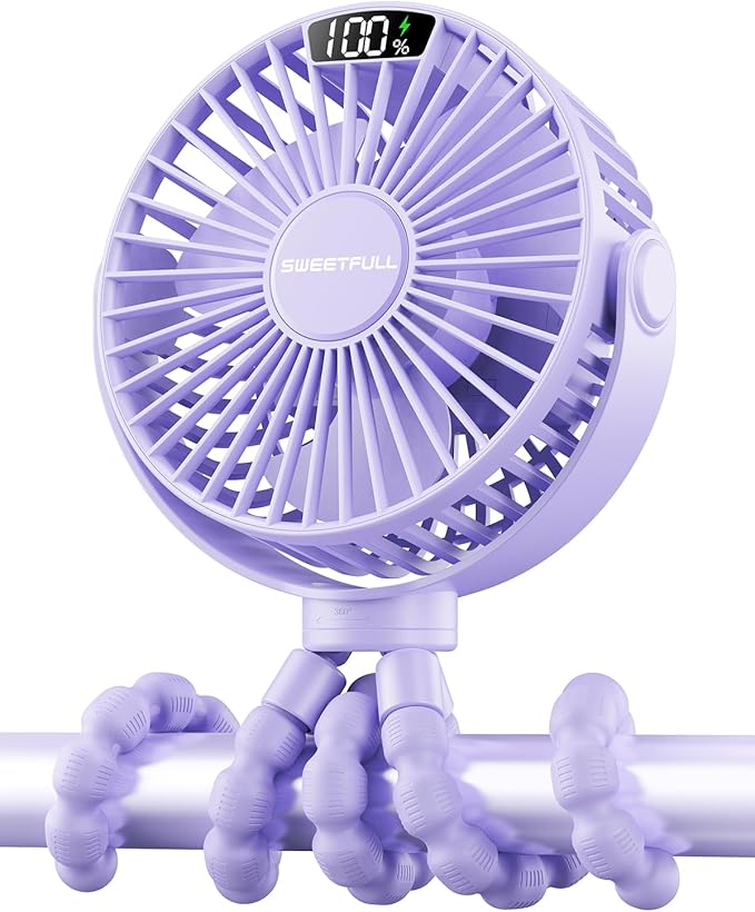 SWEETFULL Portable Stroller Fan with LED Display, 4 Speed Rechargeable Mini Clip On Fan, 360° Rotate Flexible Tripod Better Cooling Small Baby Fan for Car Seat Crib Travel Bike Treadmill (Purple)