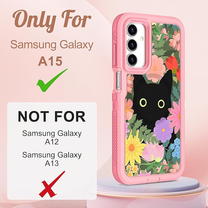 for Samsung Galaxy A15 5G Phone Case - Compatible with MagSafe Women Girls Cute Magnetic Protective Cover Cat Flower Fashion Floral Design Heavy Duty Shockproof for Samsung A15 5G Case 6.5"