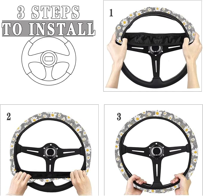 SEANATIVE White Daisy Car Steering Wheel Cover Universal Car Accessory for Diverse Cars Neoprene Dust Cover for Steering Wheel