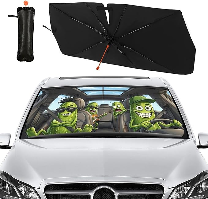 Socira Funny Pickle Car Windshield Sun Shade Umbrella Pickle Gifts Foldable Sunshade for Front Window Auto Windshield Sunshade Covers Car Accessories Protect from Sun Rays Heat 57'' X 30''