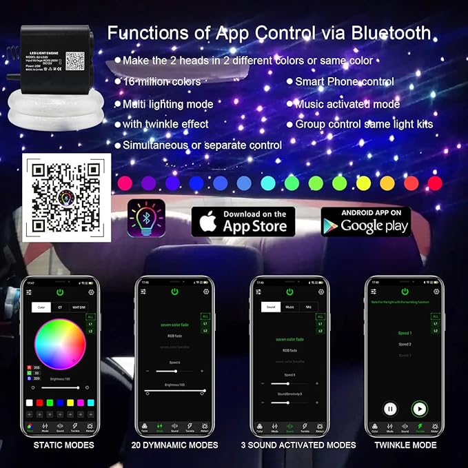 AKEPO 20W Twinkle Dual-Head Dual Color Fiber Optic Lights, Fiber Optic Star Ceiling Light Kit Sound Activated APP Remote Control for Car Starlights Headliner/Home 1100pcs 13.1ft/4m Fiber Strands