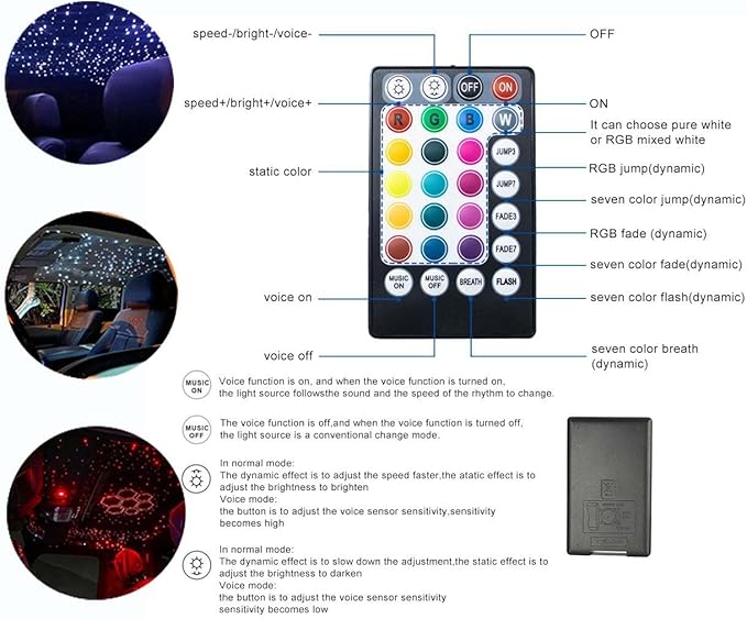 AZIMOM Car Use 6W RGBW Mixed430pcs 9.8ft Fiber Optic Lights Starlight Ceiling Light Kit End Glow Optic Cable Music Mode APP Remote Sensory Lighting Indoor Home Headliner Decoration