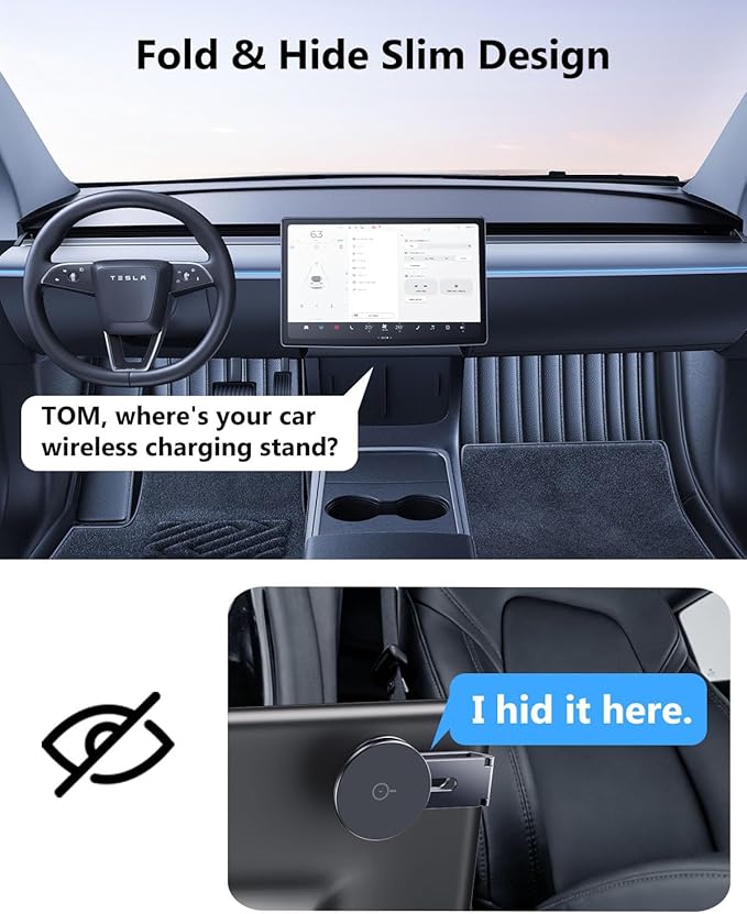 Tesla Phone Mount Charger: 15W Wireless Car Phone Holder for Tesla Model 3/Y Accessories 【 Strongest N52 Magnet + 360° Adjustable + Foldable Design】 Car Mount for Magsafe iPhone & Android