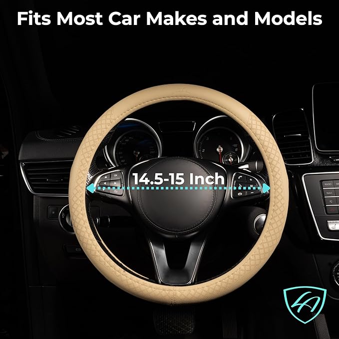 Lord Autofashion Steering Wheel Cover – PU Leather, Non-Slip Rubber Inner, All-Season Comfort – 14.5–15 Inch (Beige 9283)